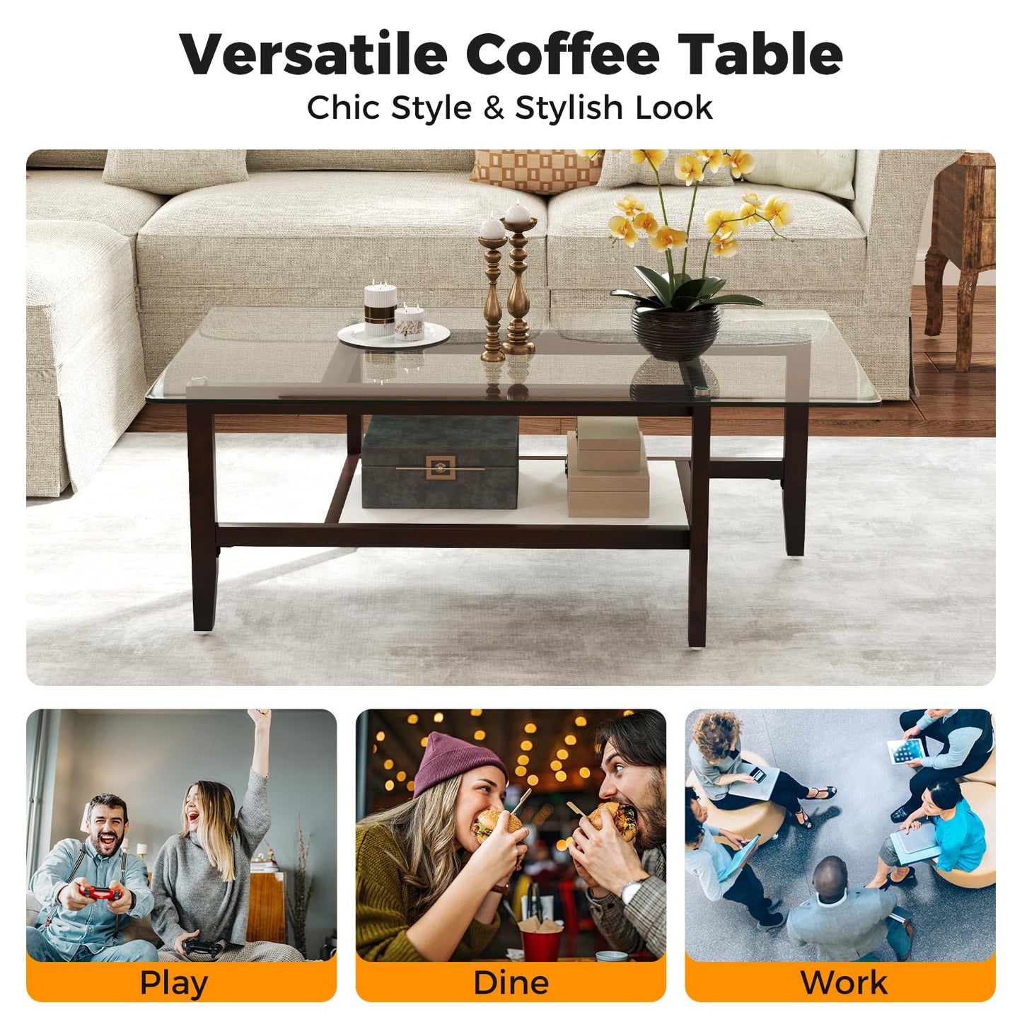 Tangkula Table basse rectangulaire à 2 niveaux de 106,7 cm avec étagère de rangement et pieds en bois d'hévéa massif