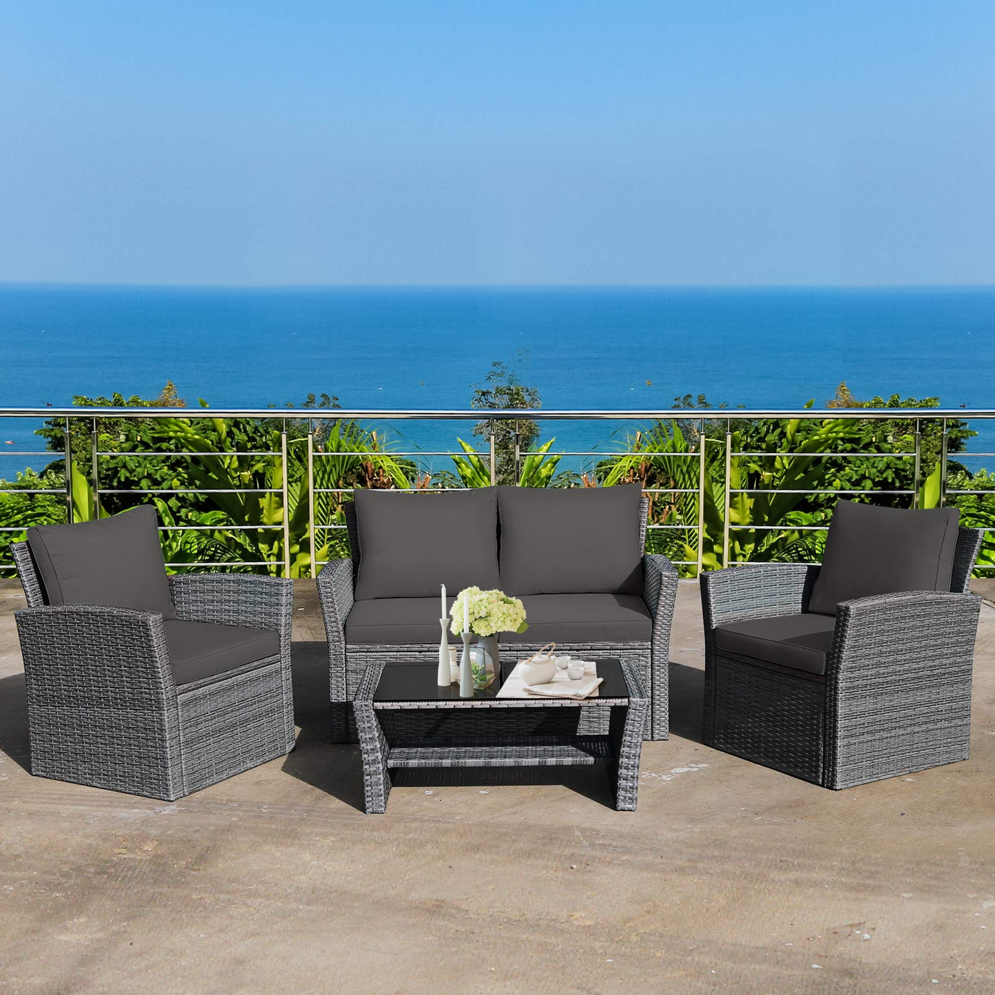 Tangkula 4 Pieces Patio Furniture Set, Outdoor Conversation Set with Cushions and Coffee Table
