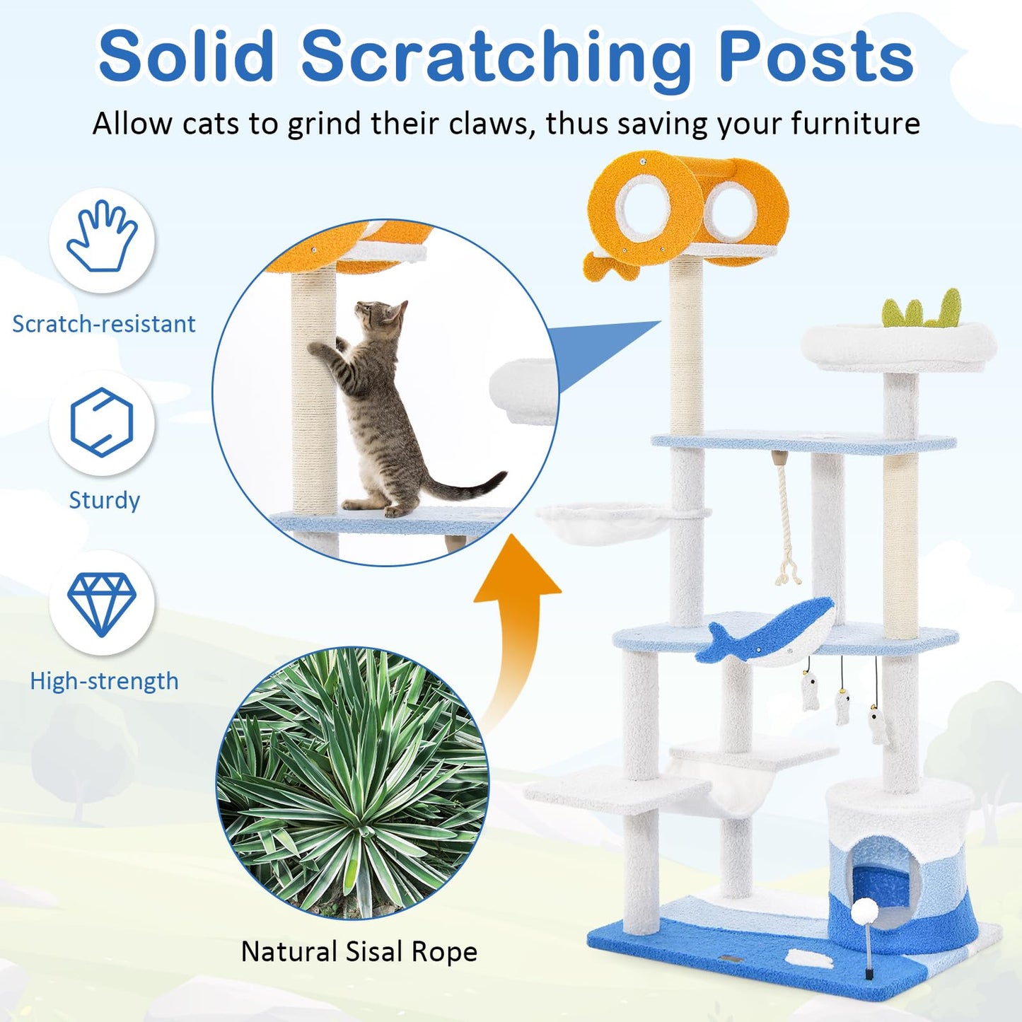 Ocean-Themed Cat Tree, 3-Level Cat Tower - Tangkula
