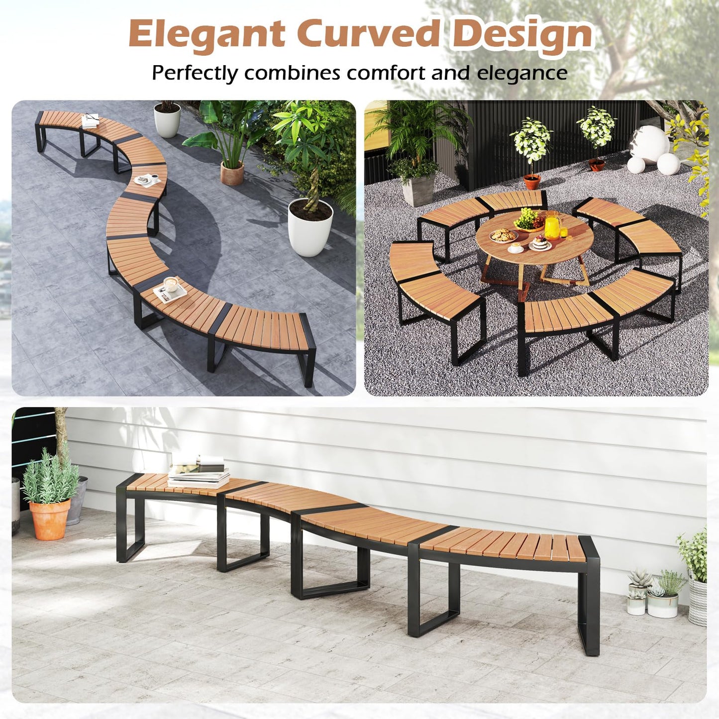 Tangkula Acacia Wood Patio Curved Bench w/Slatted Seat & Metal Legs