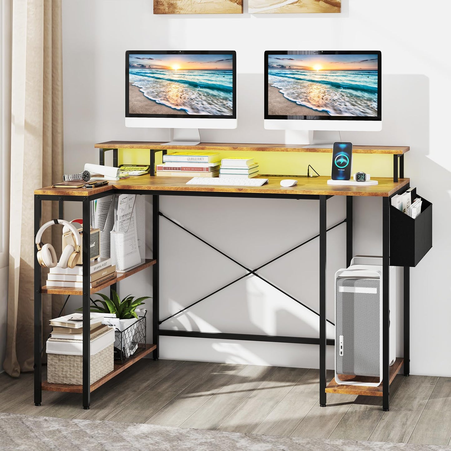 Tangkula L-Shaped Gaming Desk with LED Lights & Power Outlets