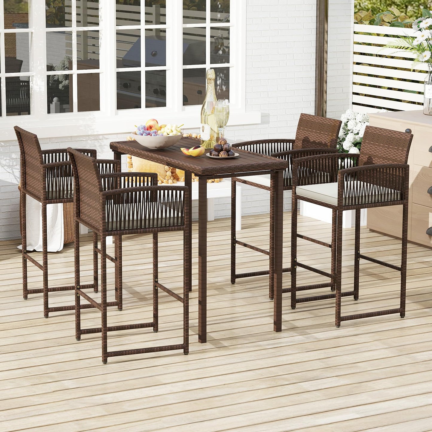 Tangkula Patio Bar Stools Set of 2/4 PE Rattan Bar Height Chairs
