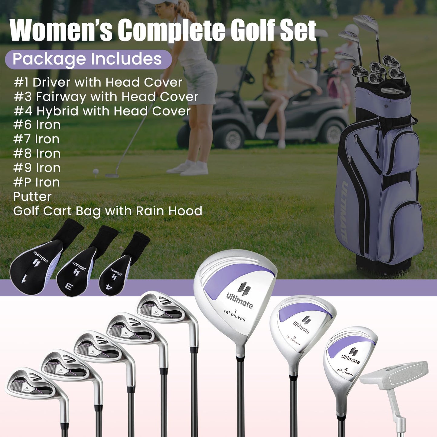 Ensemble complet de 10 clubs de golf Tangkula pour femmes avec driver en alliage – Violet