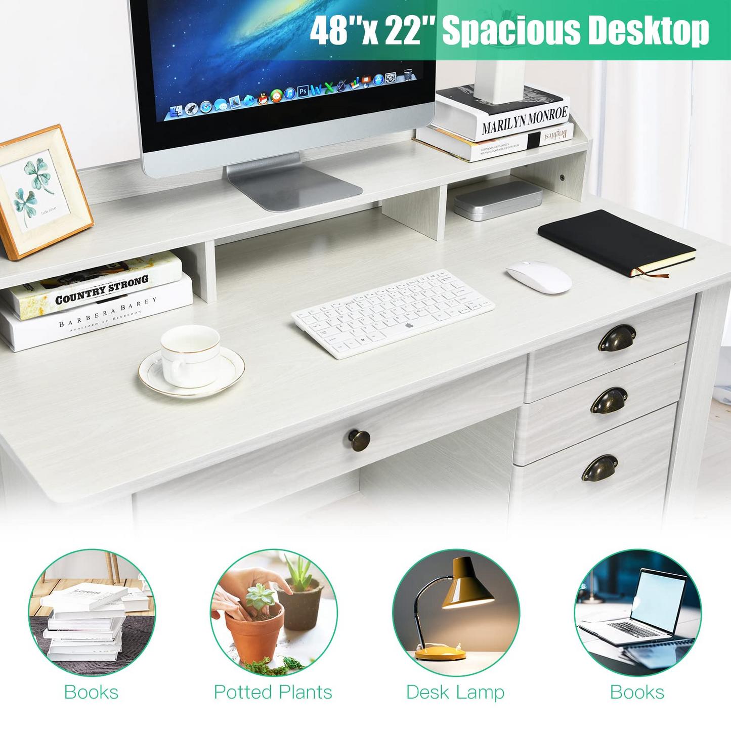 Tangkula 48" Computer Desk with 4 Storage Drawers & Hutch, Home Office Desk Vintage Desk