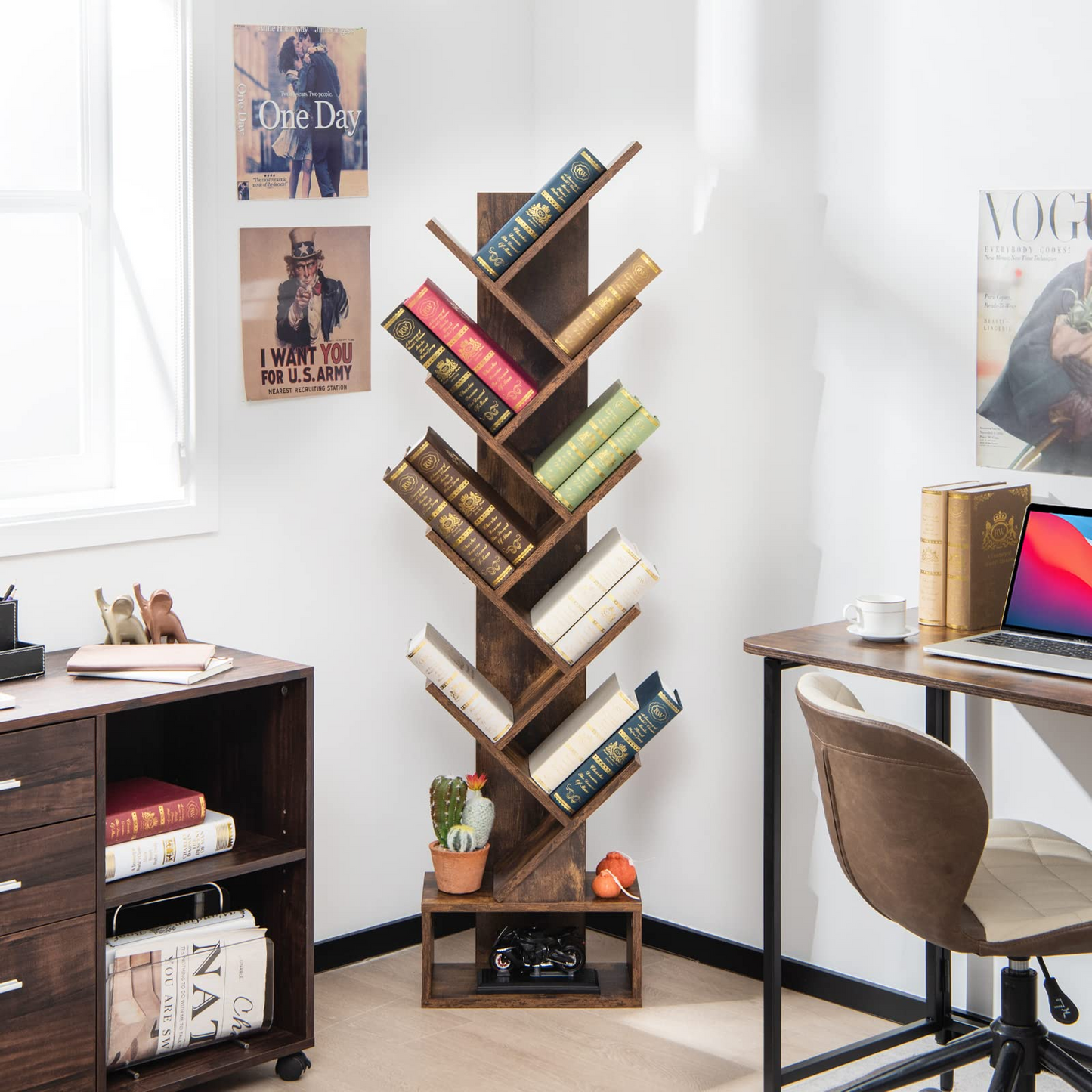 Tangkula 10 Tier Tree Bookshelf with Drawer