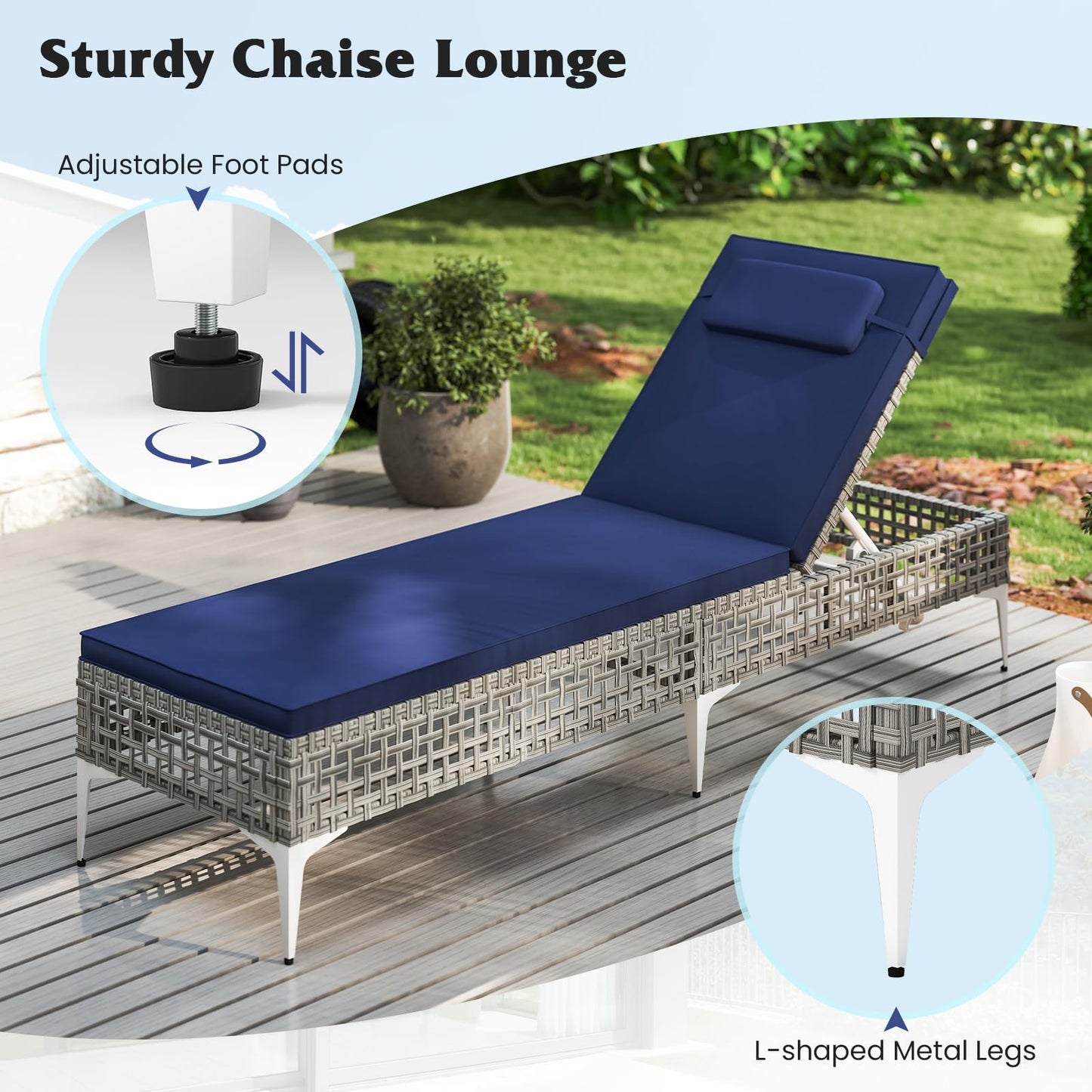 Tangkula Patio Chaise Lounge Chair PE Wicker Reclining Sun Lounger with 6-Level Adjustable Backrest