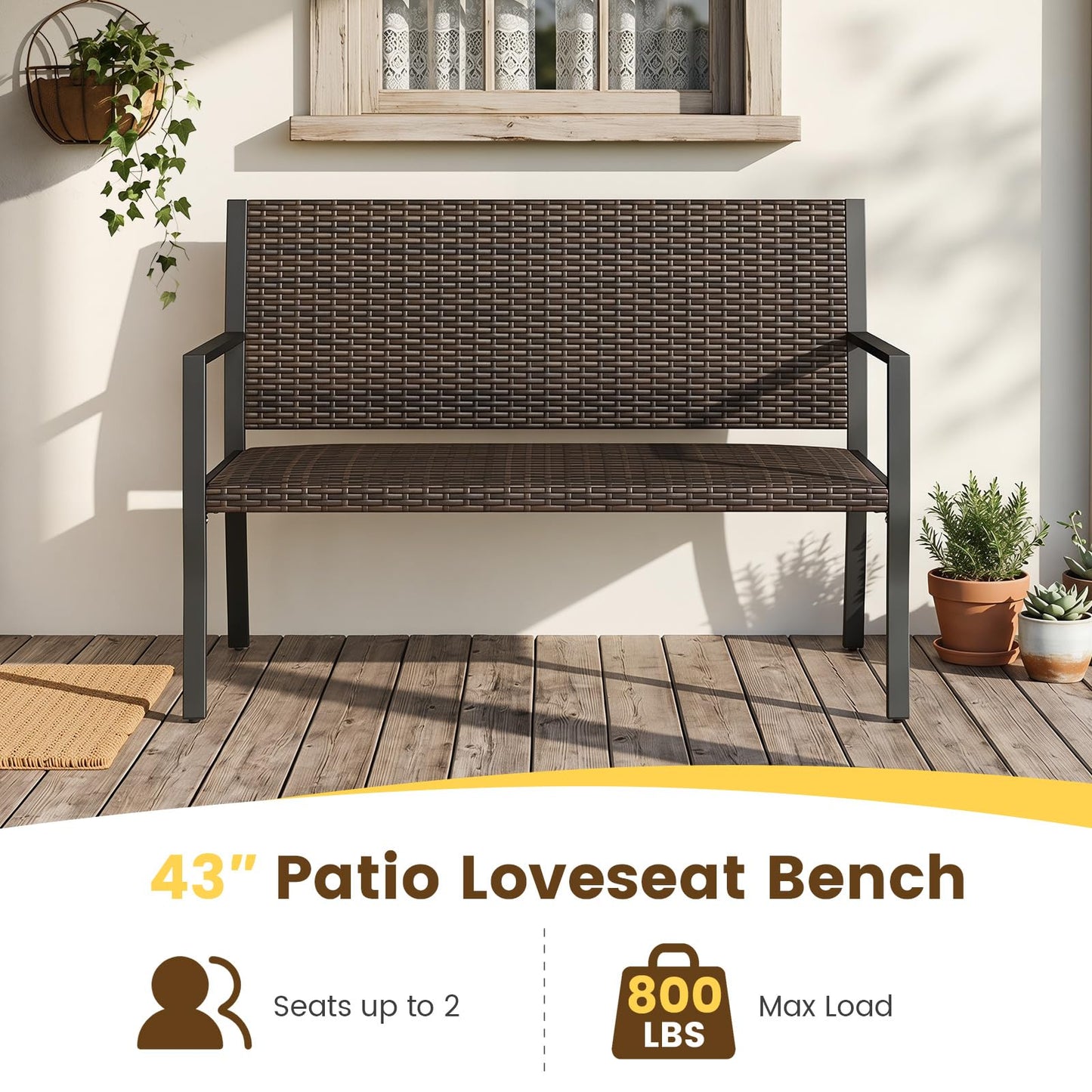 Tangkula 2-Person Wicker Outdoor Bench with Soft Sponge Seat