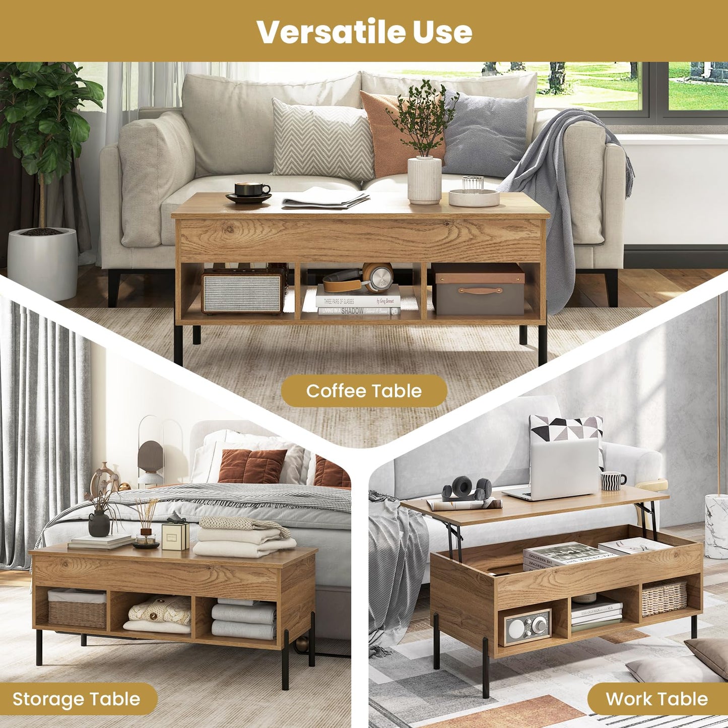 Tangkula Table Basse Relevable avec Pieds en Métal, Table Relevable avec Compartiment Caché et 3 Niches Ouvertes