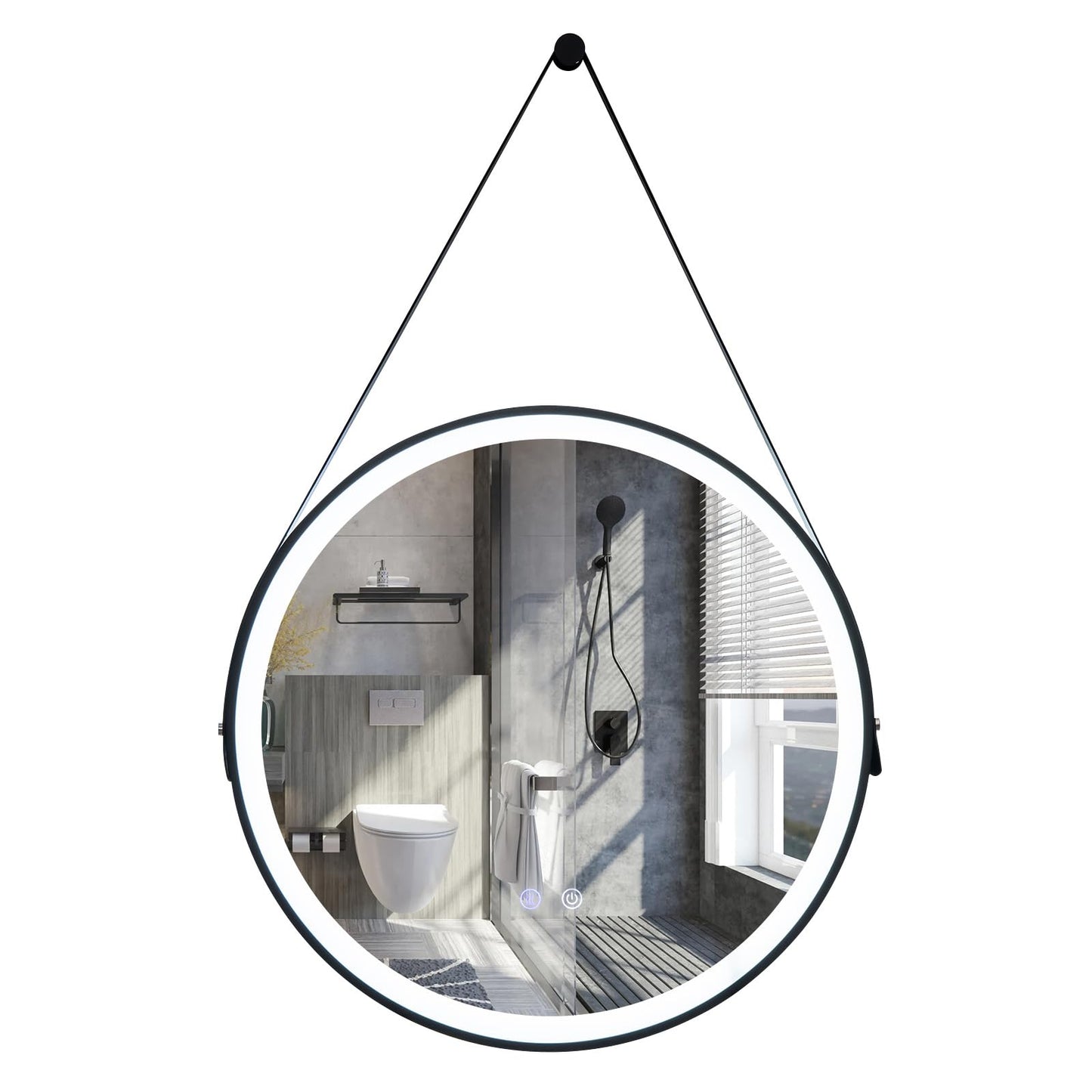 Tangkula 60CM Round LED Bathroom Mirror with Leather Strap