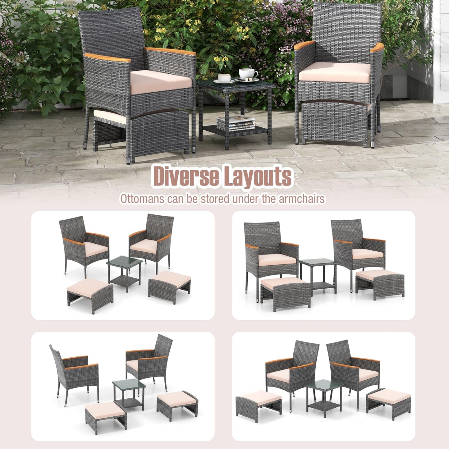 Tangkula Salon de conversation d'extérieur 5 pièces, chaises en rotin PE avec coussins moelleux, poufs et table en verre trempé