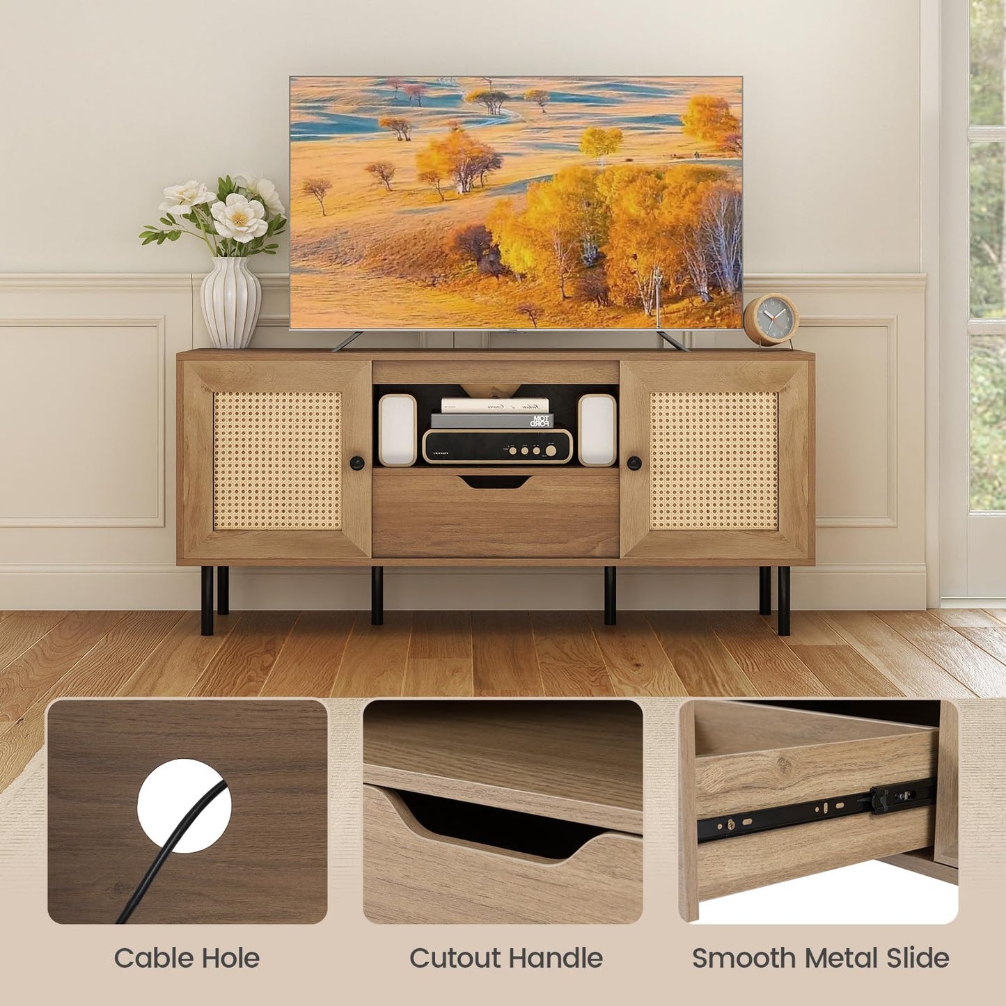Tangkula Boho TV Stand for 50 55 60 Inch TV 52” Wooden Entertainment Center