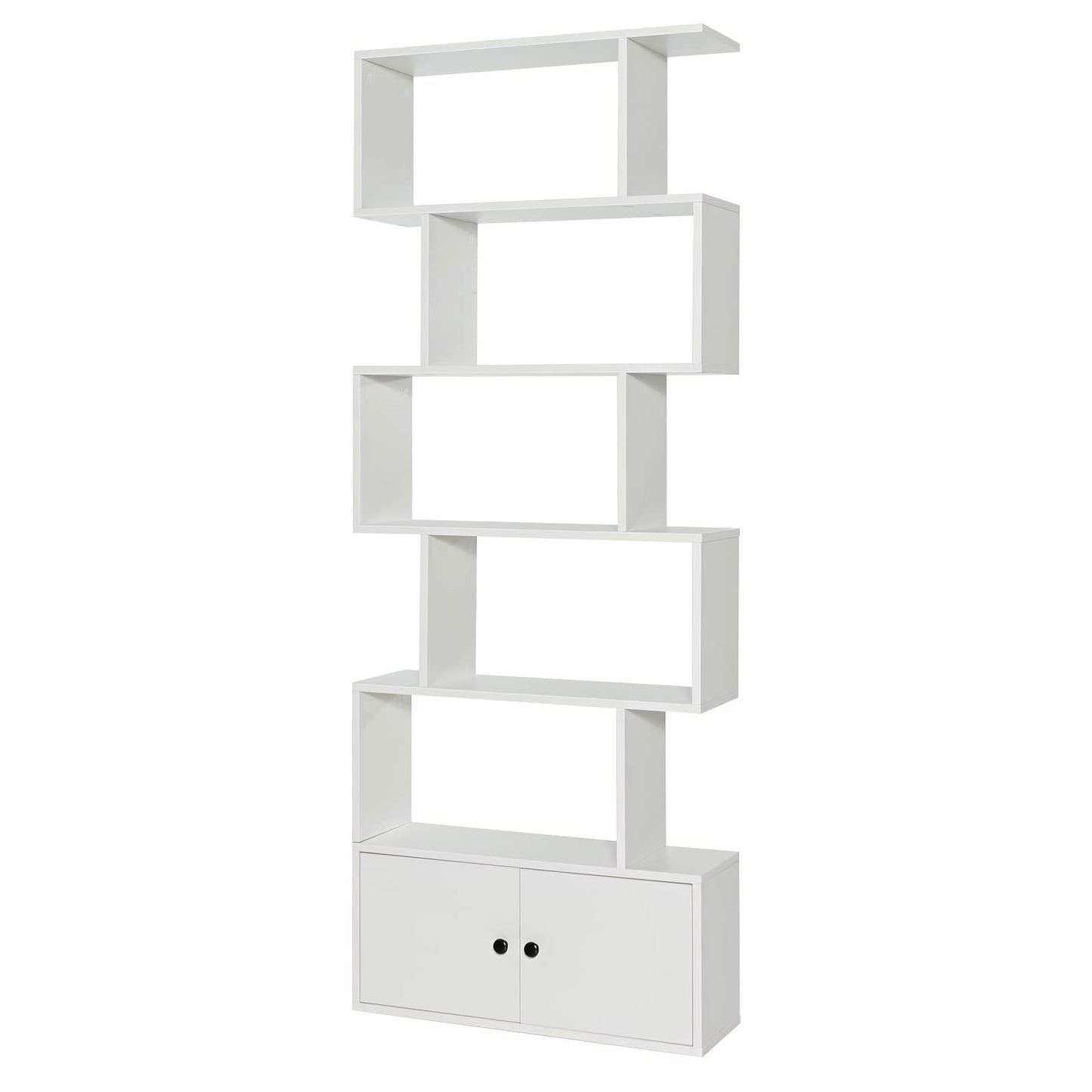 Tangkula S Shaped Bookshelf with Cabinet, 6-Tier Bookcase with Doors, Freestanding Geometric Bookshelves for Living Room