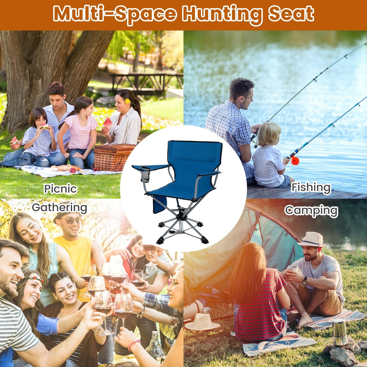 Tangkula Swivel Camping Chair, Portable Lawn Chair with Cup Holder, Storage Pocket, Carrying Bag