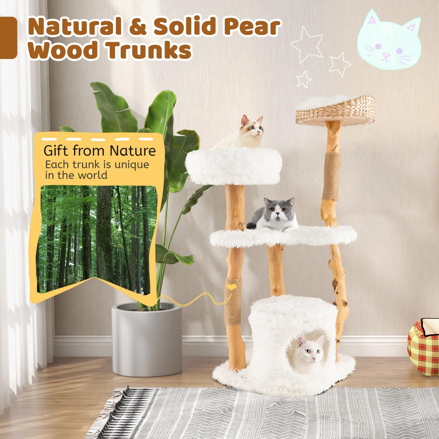 Tangkula Cat Tree Tower Solid Wood Modern Cat Tower with Top Cattail Basket Bed
