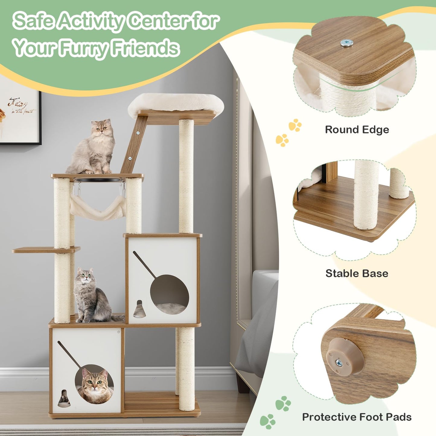 Arbre à chat moderne Tangkula, tour à chat en bois de 145 cm avec poteaux à griffer en sisal, perchoir supérieur rembourré