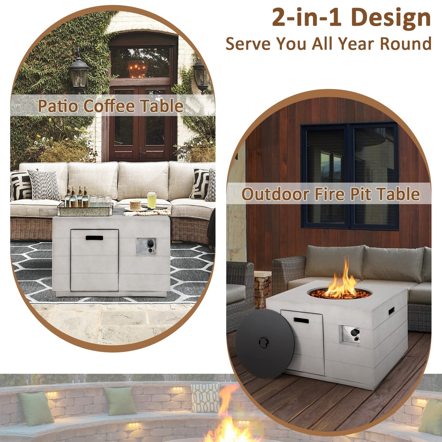 Tangkula 35 Inch Concrete Propane Gas Fire Pit Table, Patiojoy Square Outdoor Propane Fire Table with Protective Cover Lava Rocks & Metal Lid