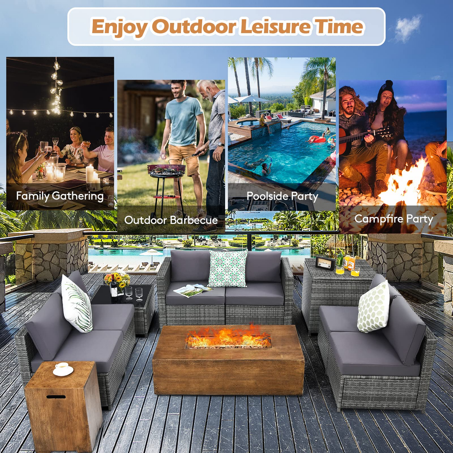 10 Pieces Patio Rattan Conversation Set, Patiojoy Outdoor Wicker Furniture Set