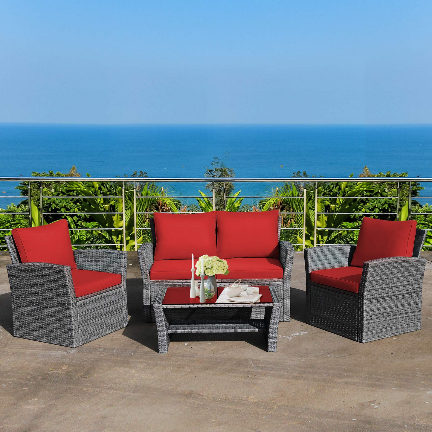 Tangkula 4 Pieces Patio Furniture Set, Outdoor Conversation Set with Cushions and Coffee Table