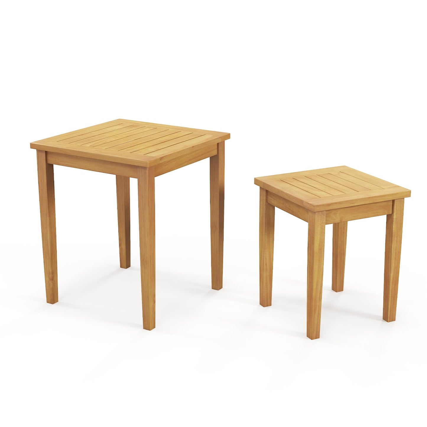 Tangkula Lot de 2 tables basses de patio gigognes en teck, design carré peu encombrant pour piscine, pelouse, jardin, balcon (naturel)