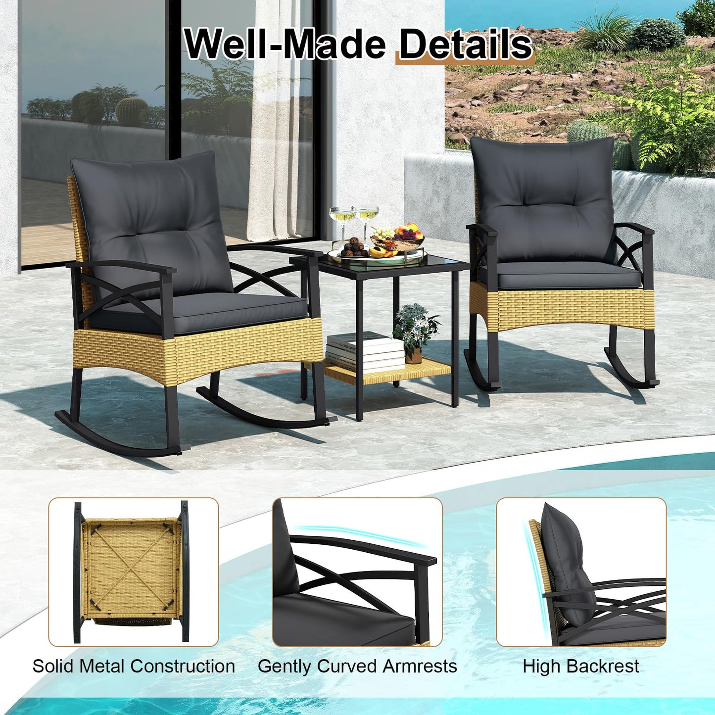 Tangkula Lot de 3 fauteuils à bascule robustes en rotin avec coussins