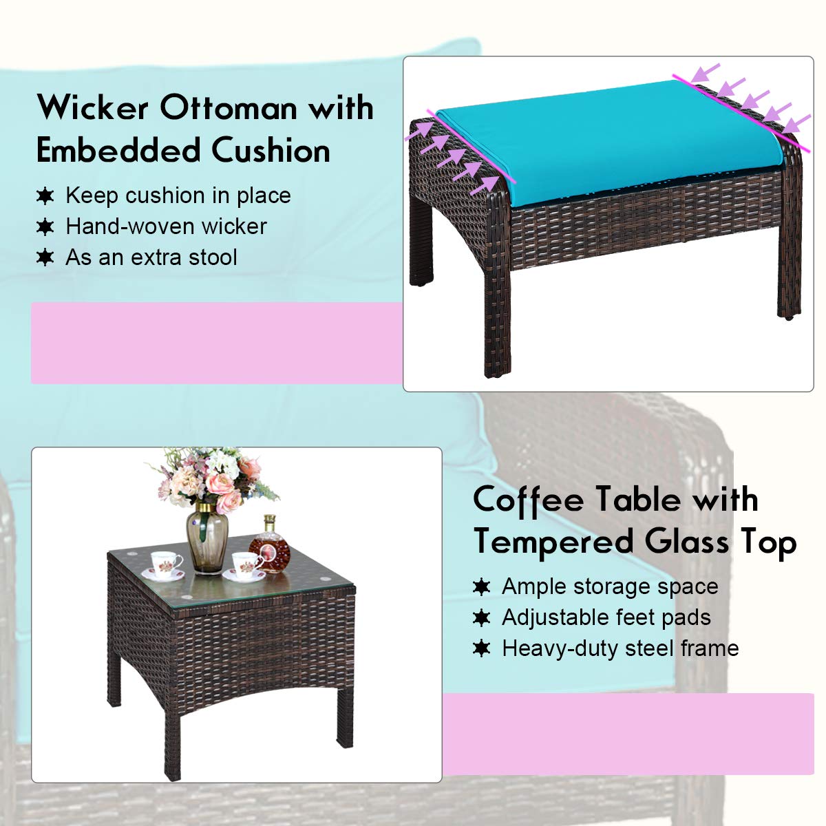 Tangkula Wicker Furniture Set 5 Pieces PE Wicker Rattan Outdoor All Weather Cushioned Sofas