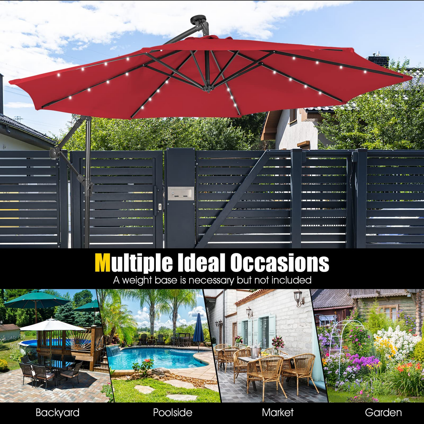 Tangkula 10 ft Cantilever Umbrella w/32 Solar-Powered LED Lights, Functional Tilting System & Hand-Crank Mechanism