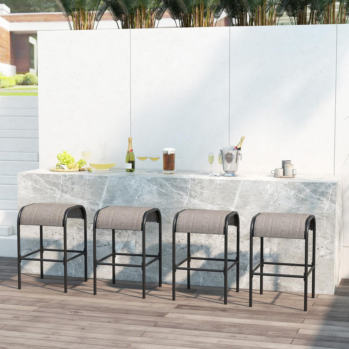 Tangkula Outdoor Bar Stools Set of 2/4, 30" Bar Height Bistro Stools with Breathable Fabric Seat & Heavy-Duty Metal Frame
