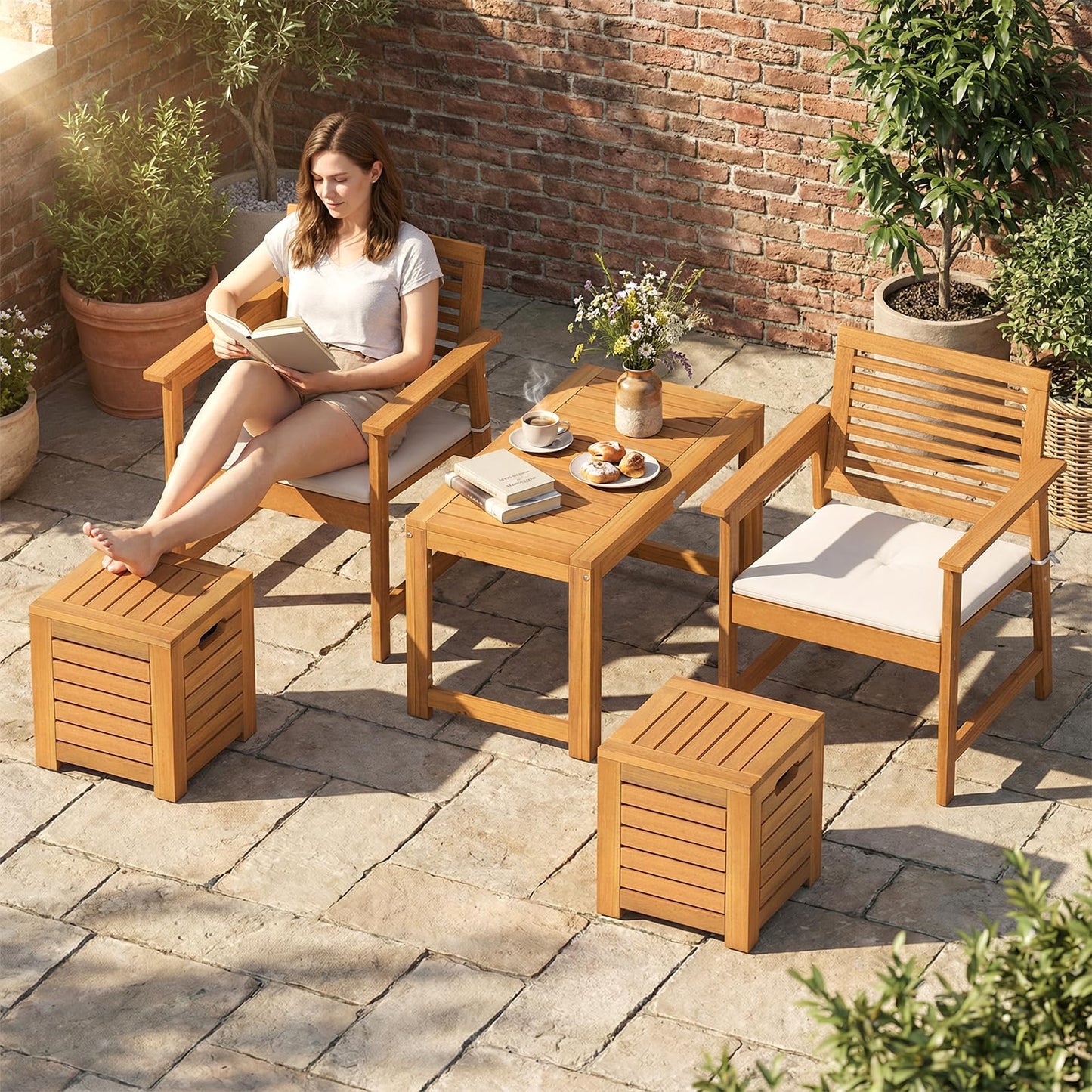Tangkula Acacia Wood Outdoor Coffee Table with Stools Set of 2