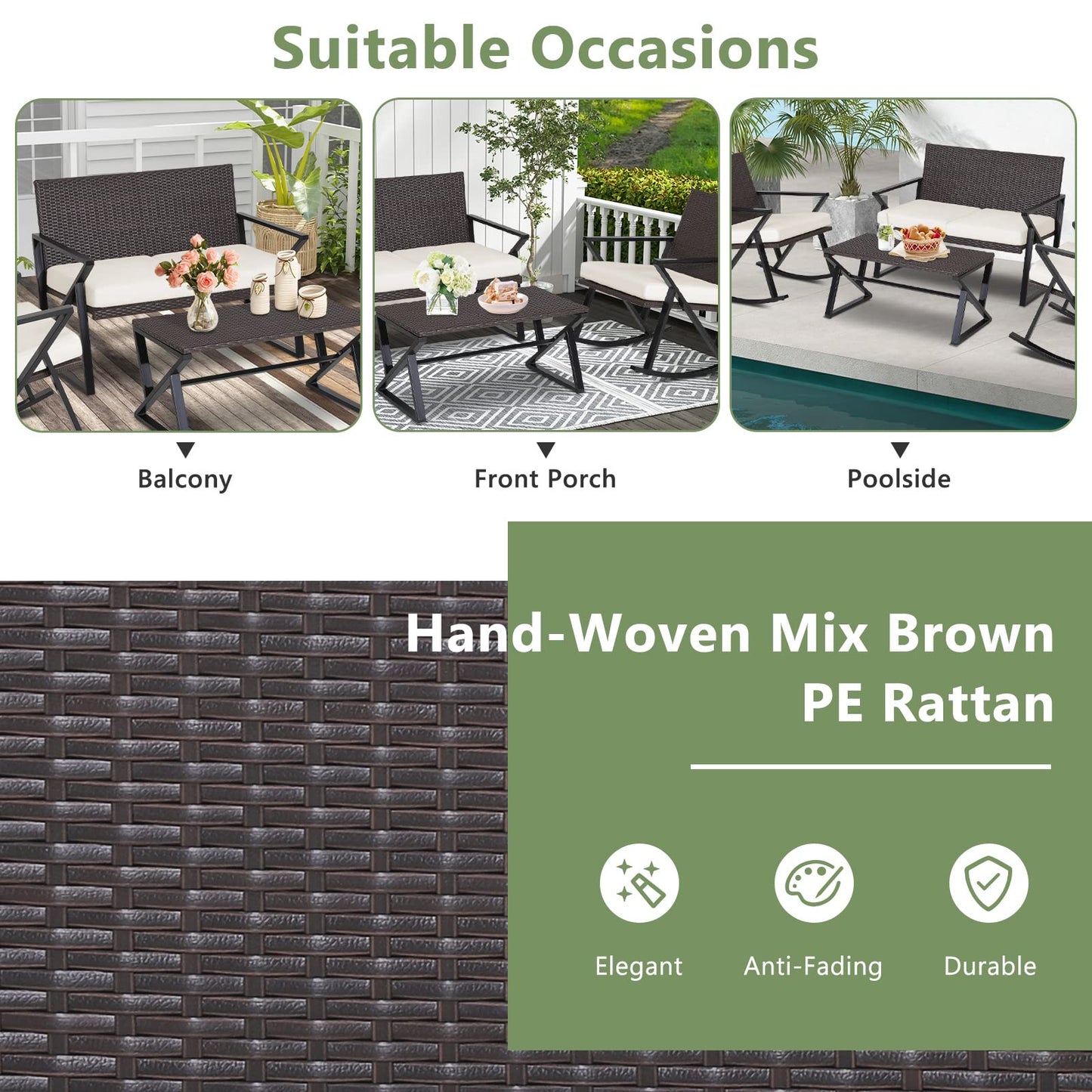Tangkula 4 Piece Patio Rocking Furniture Set Patiojoy PE Wicker Loveseat
