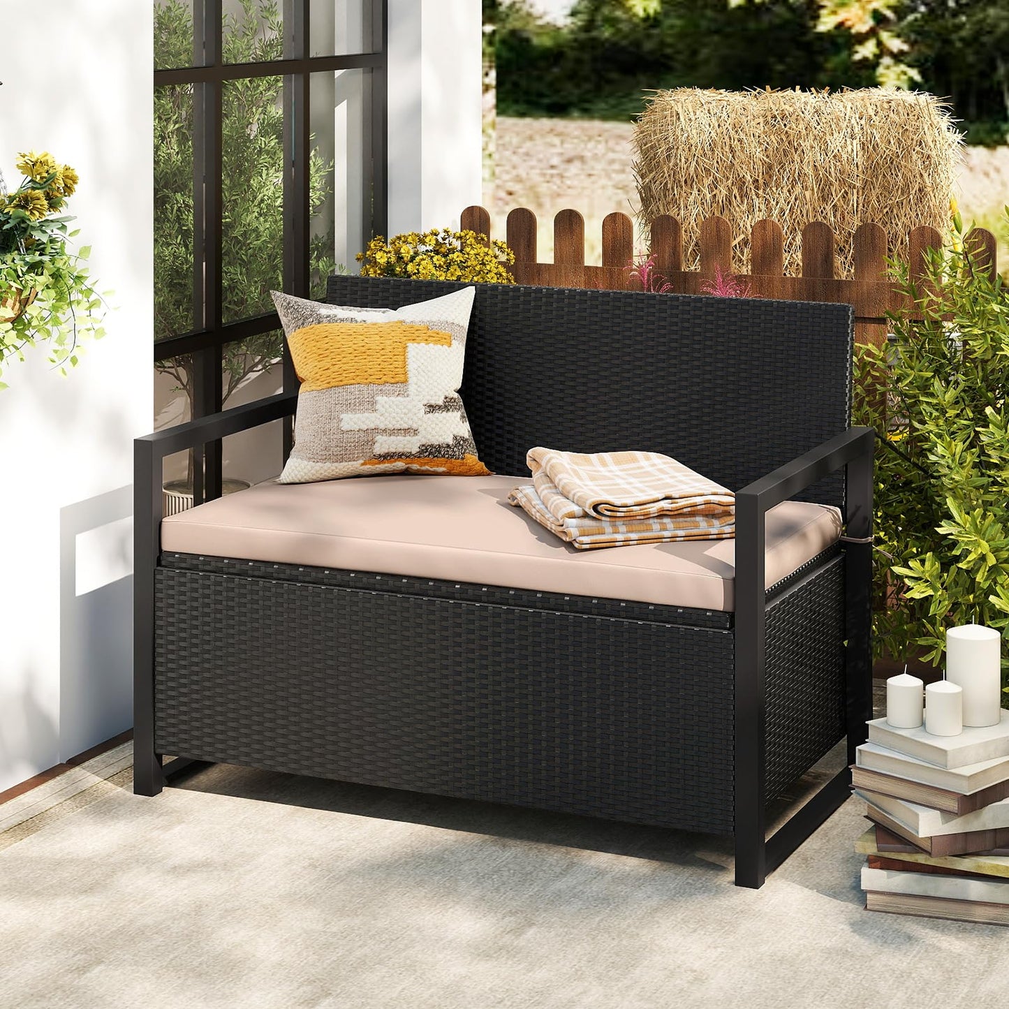 Tangkula 40 Gallon Patio Wicker Storage Bench with Cushion for Backyard