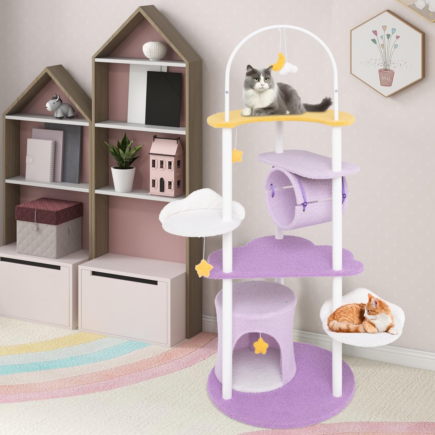 Tangkula Cute Cat Tree, 62 Inch Multi-Level Large Cat Tower with Metal Frame, Moon-Shaped Top Perch