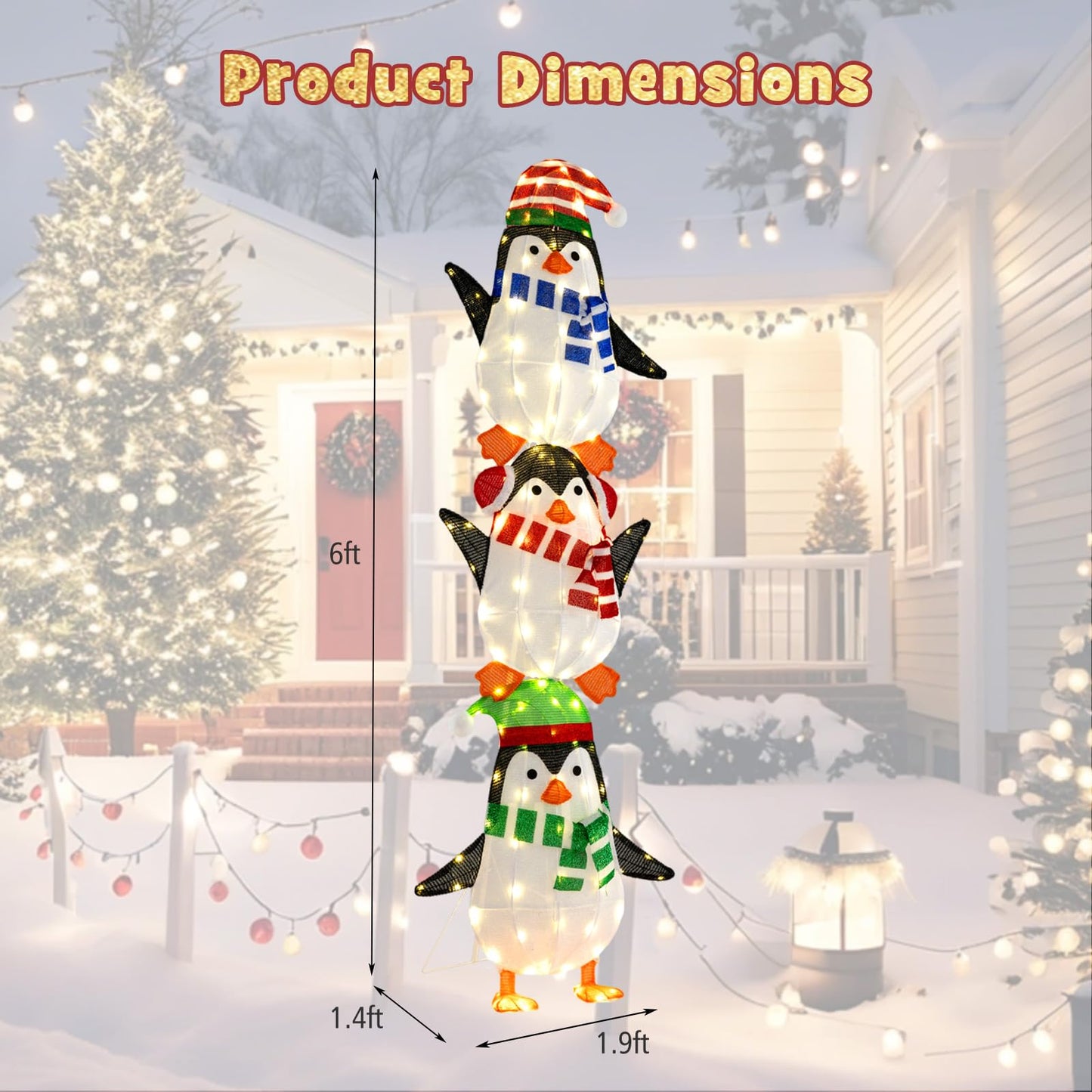 Tangkula 6 FT Christmas Lighted 3 Stacked Penguins Decoration Xmas Penguins with 156 Warm White Lights