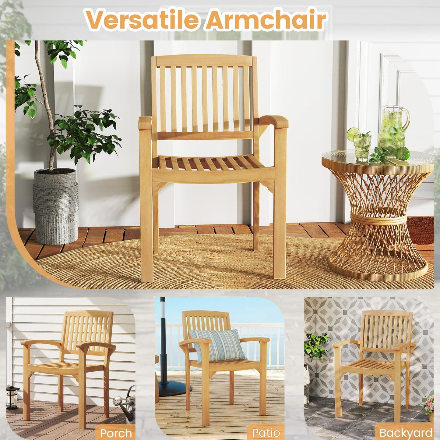 Chaise de salle à manger d'extérieur en bois de teck Tangkula, fauteuil en bois de teck