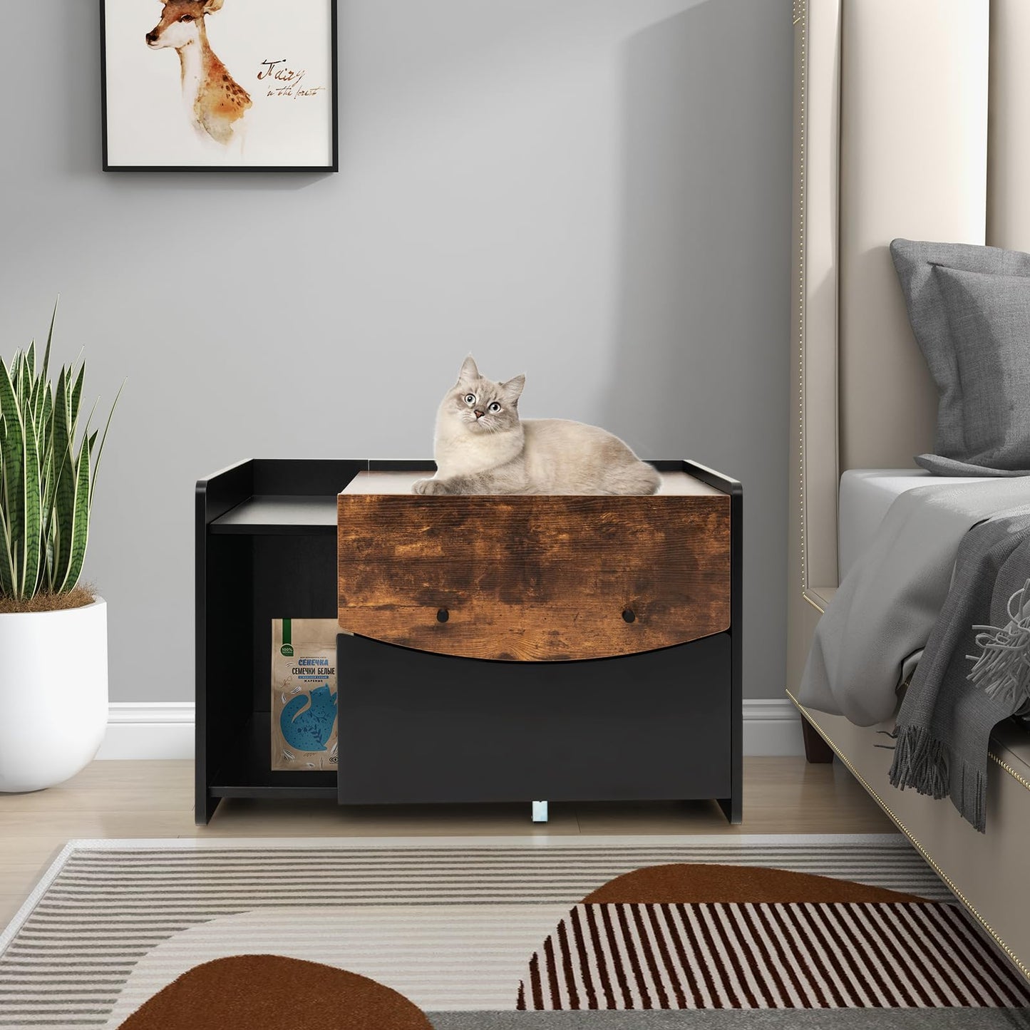 Tangkula Litter Box Enclosure, Hidden Cat Washroom with Pull-Out Drawer, Rolling Caster, Flip Door (Black+Rustic Brown)
