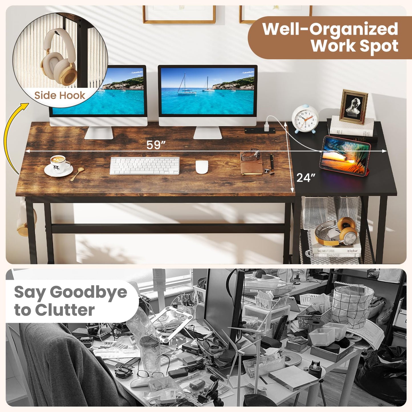 Tangkula 59 Inch Computer Desk with Charging Station