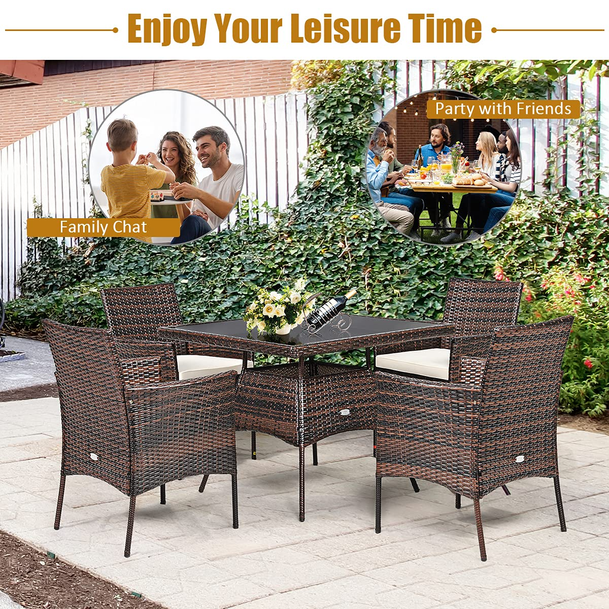 Tangkula 5 Pieces Wicker Patio Dining Set, Outdoor PE Rattan Chairs Table Set with 4 Seat Cushions