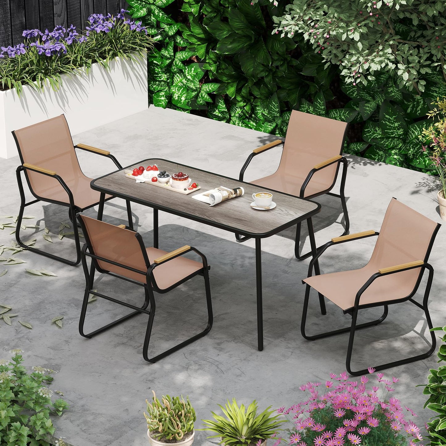 Tangkula 5 Pieces Patio Dining Sets | Outdoor Rectangular Dining Table & 4 Fabric Chairs with Wood-Like Armrests & Metal Frame