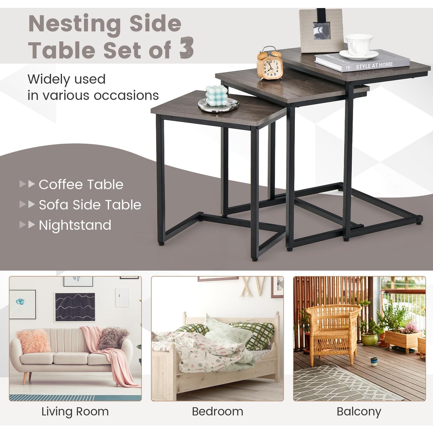 Tangkula Nesting Table Set of 3, Rectangle Stacking Side End Table w/Wood Top & Metal Legs