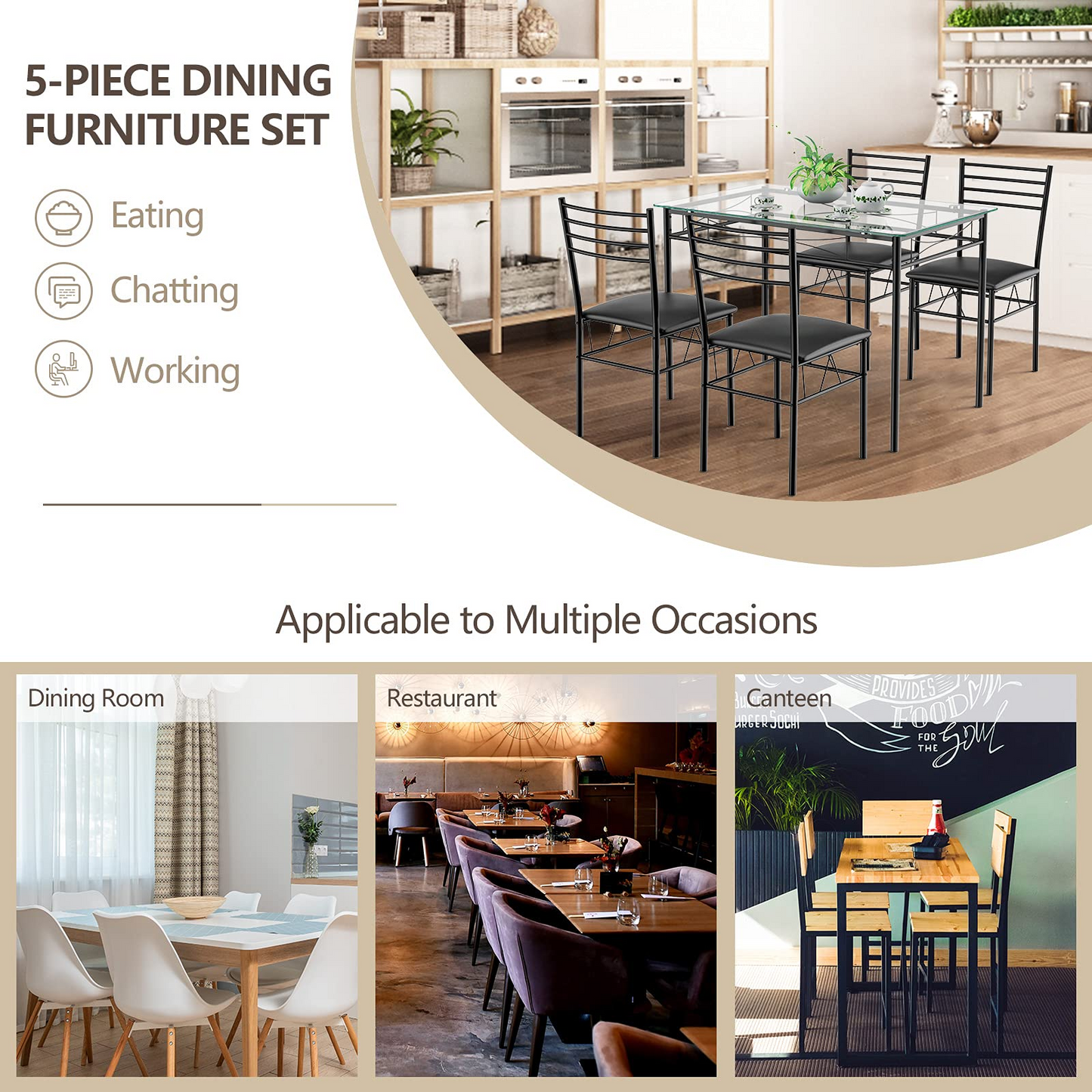 Tangkula Dining Table Set, 5 Pieces Dining Set with Tempered Glass Top Table and 4 Chairs