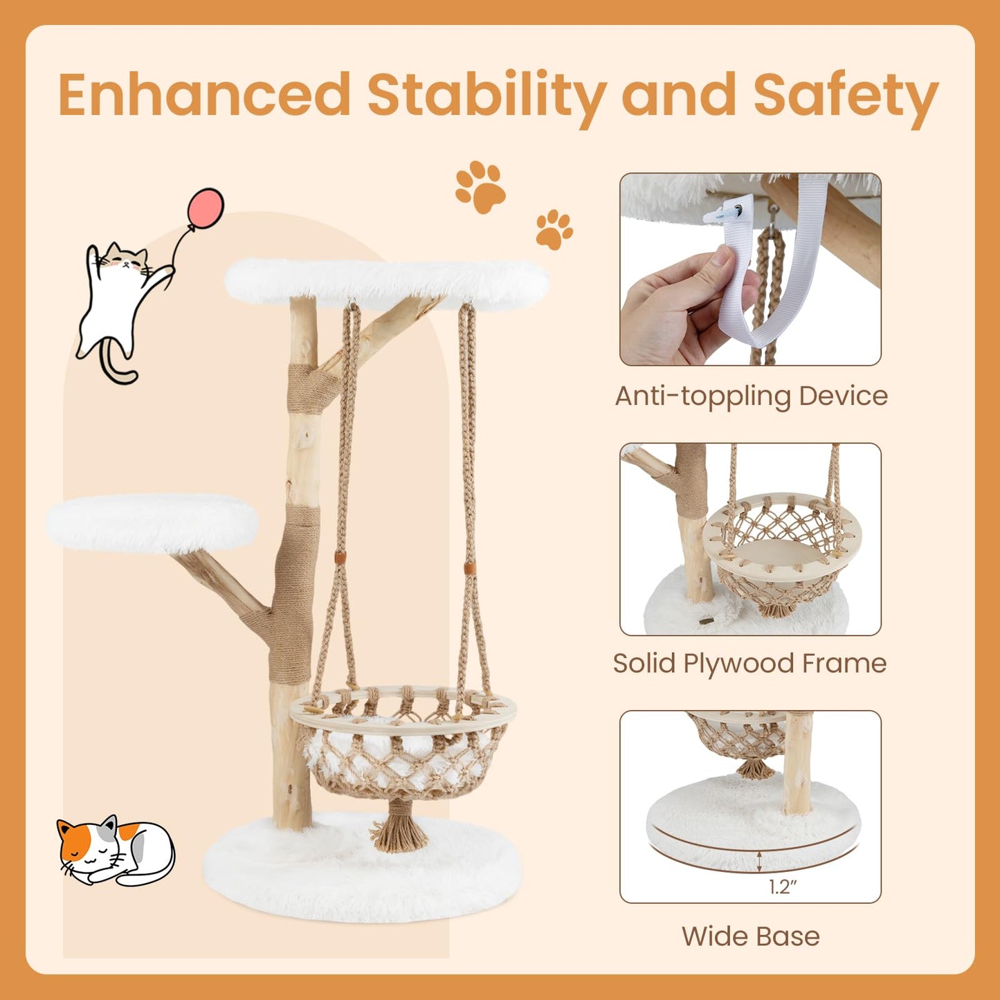 Tangkula 48.5” Natural Branch Modern Cat Tower with Luxury Hanging Cradle