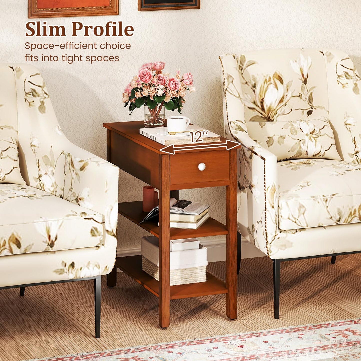 Tangkula Narrow End Table Set of 2, 24.5”H Farmhouse Side Table with Drawer