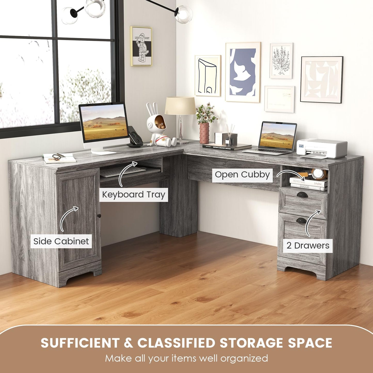 Tangkula L Shaped Desk with Drawers and Storage Shelf