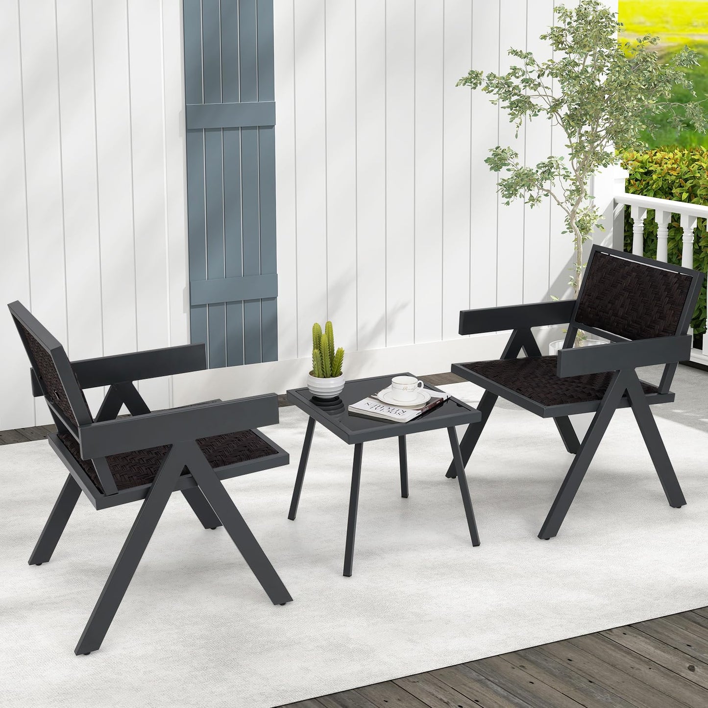 Tangkula 3 Pieces Patio PE Wicker Bistro Set