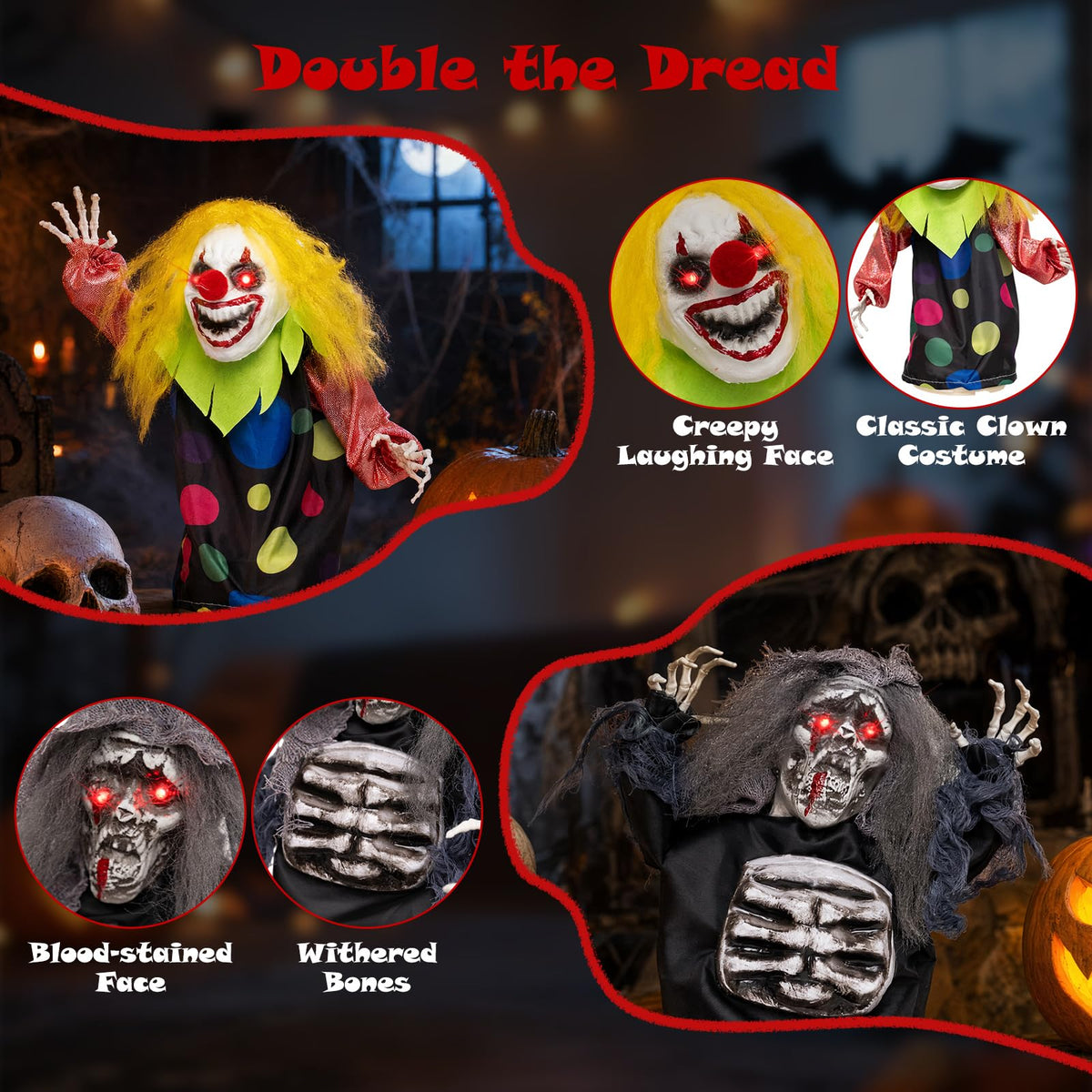 Tangkula 2 Pack Halloween Animated Tabletop Clown & Grim Reaper Decorations