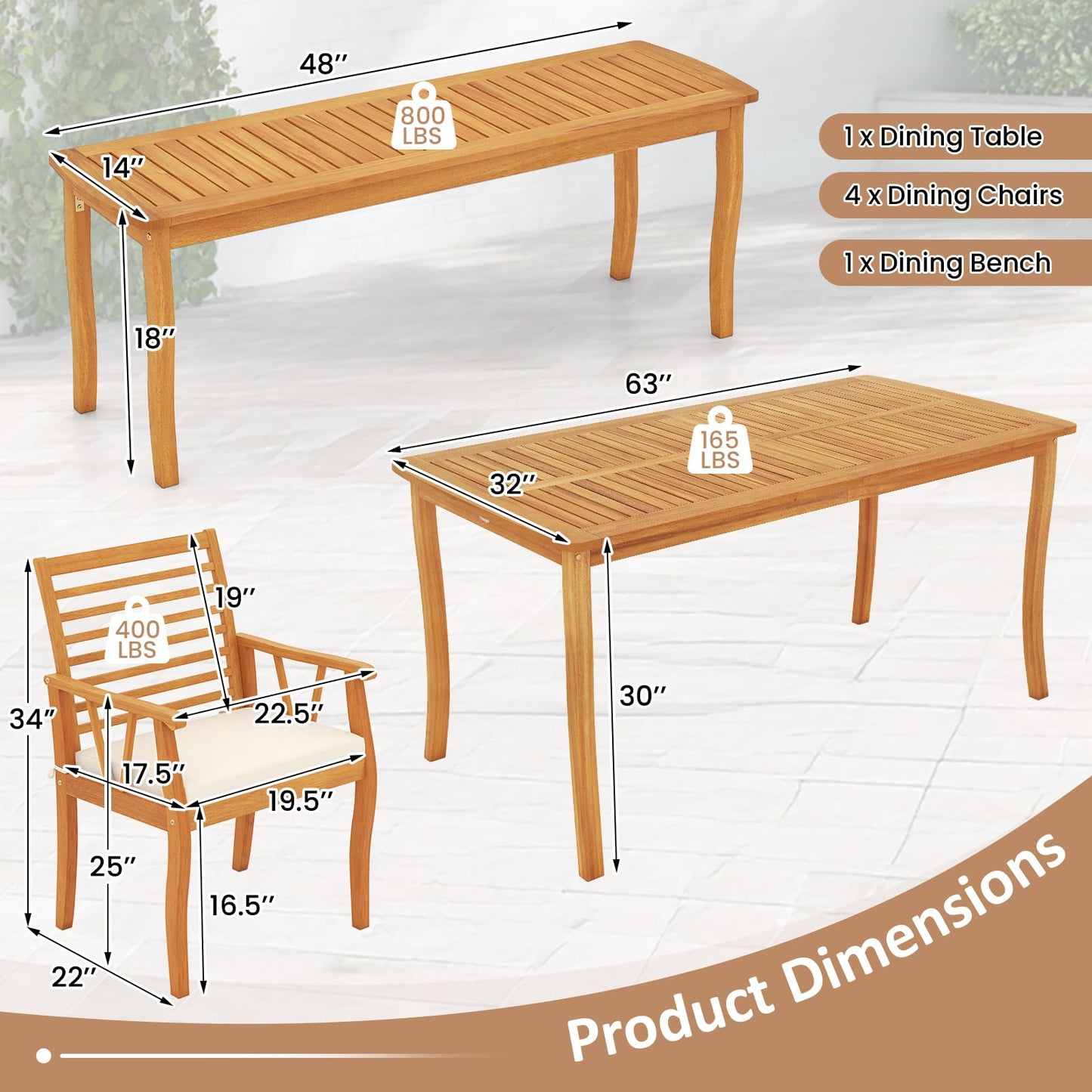 Tangkula 6 Pieces Acacia Wood Patio Dining Set for Deck