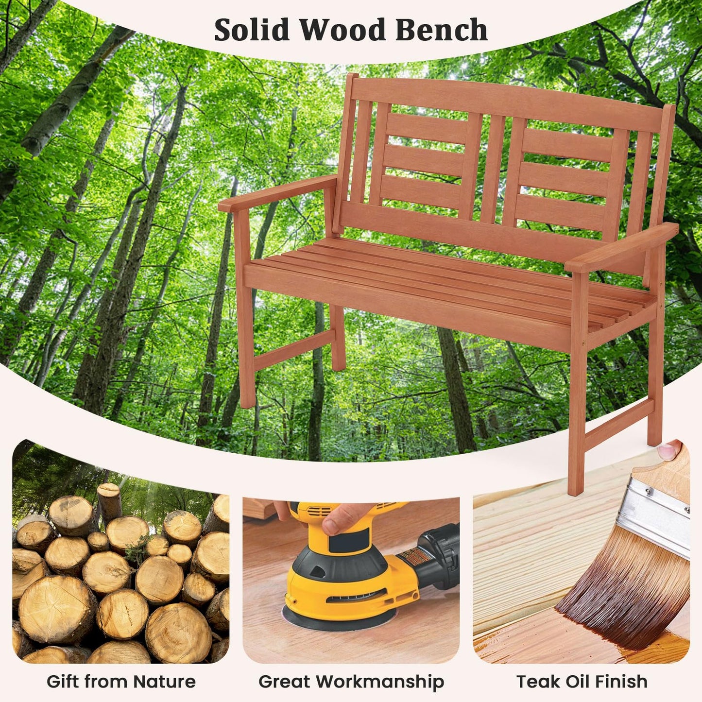 Tangkula Patio Wood Bench Garden Armrest Loveseat with Inclined Backrest
