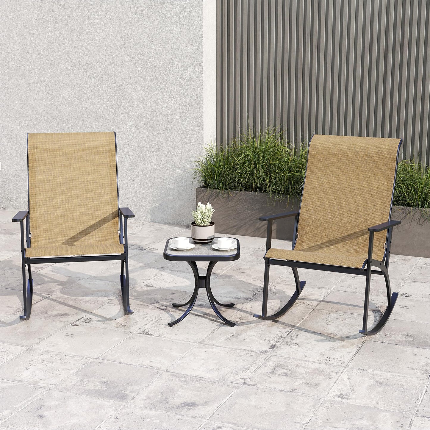 Tangkula 3 Piece Patio Rocker Set w/High Backrest & Wood-Plastic Tabletop