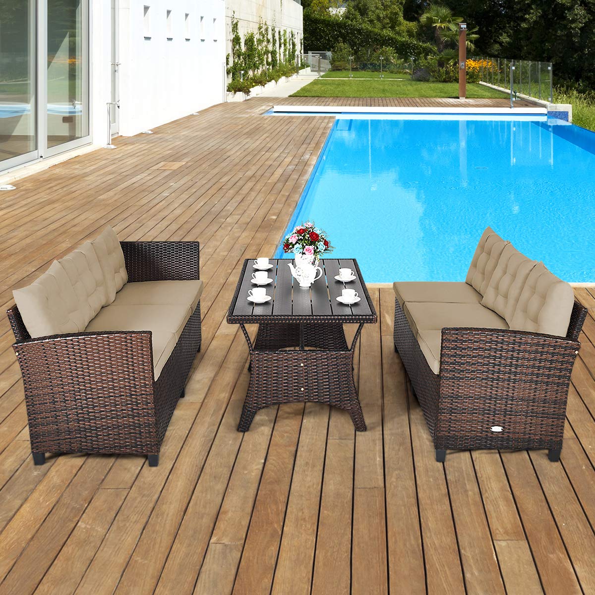 Tangkula Patio Furniture Set with 6 Cushioned Seat & Coffee Table