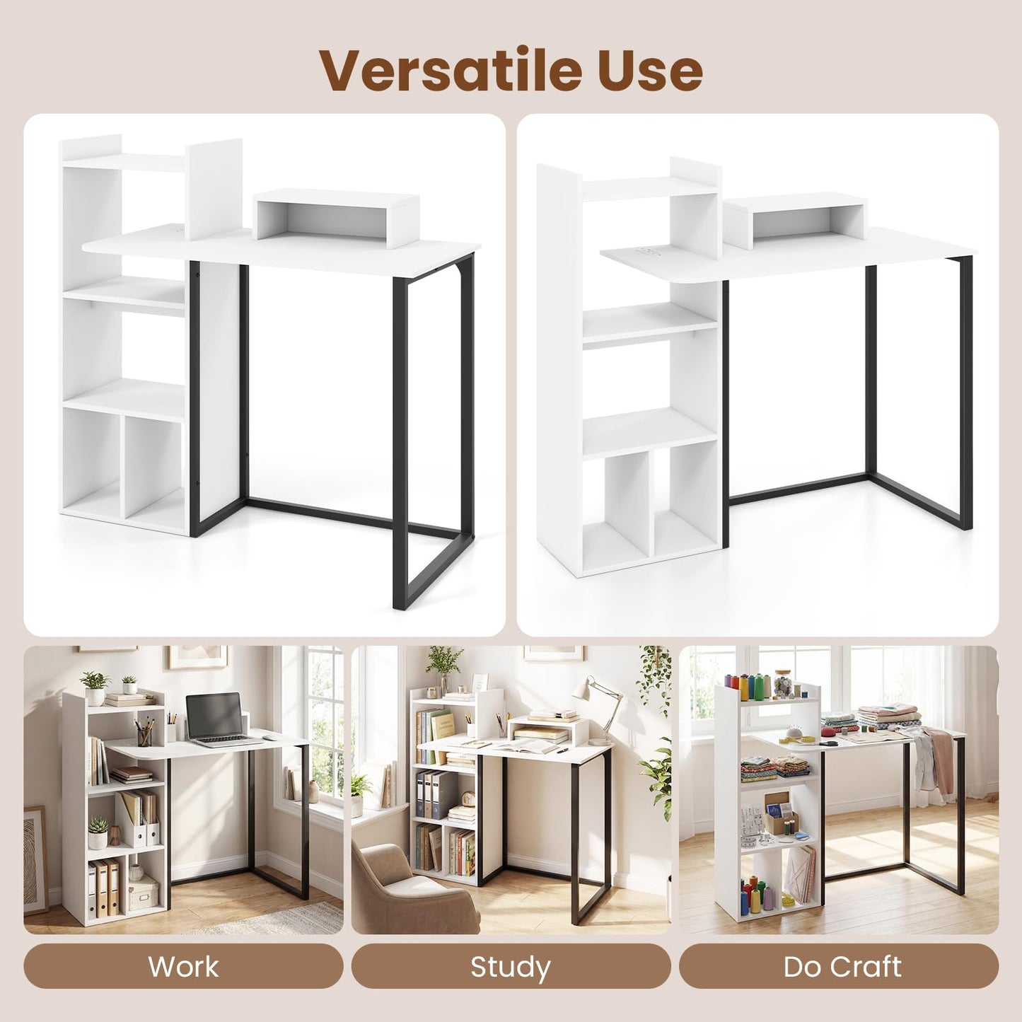 Tangkula 43.5" Computer Desk with Charging Station Ergonomic Monitor Stand & Storage Shelves