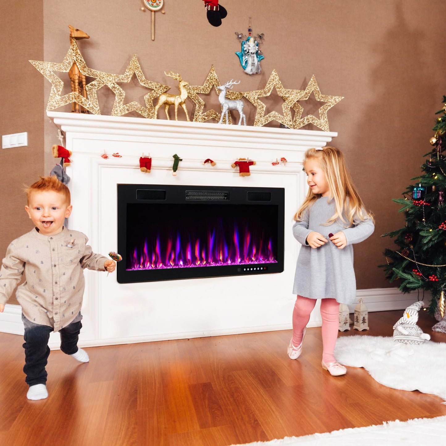 Tangkula 40 Inch Linear Electric Fireplace, Recessed & Wall-Mounted Fireplace Heater with Multi-Color Flame